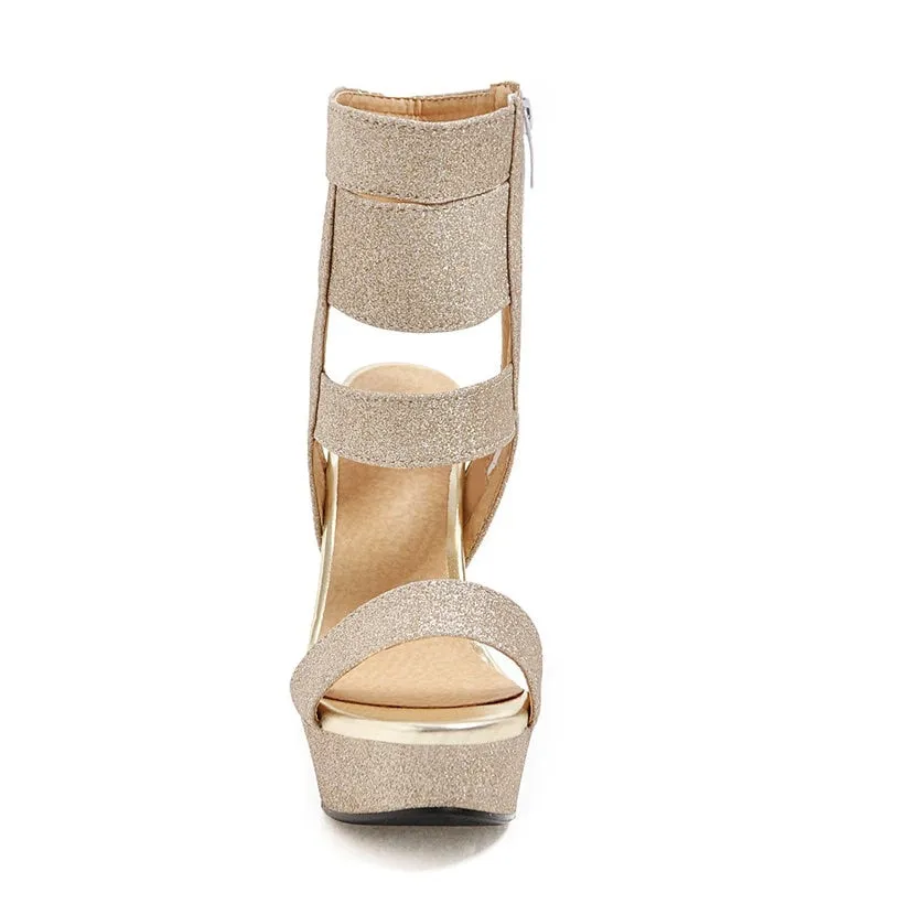 Chunky High Heel Glitter Strap Zipper Sandals
