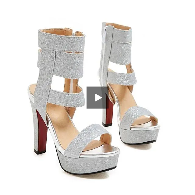 Chunky High Heel Glitter Strap Zipper Sandals
