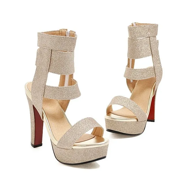 Chunky High Heel Glitter Strap Zipper Sandals