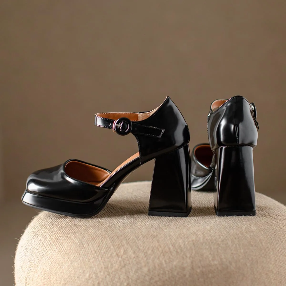 Chunky High Heels Closed Round Toe Ankle Strap D'Orsay Pumps