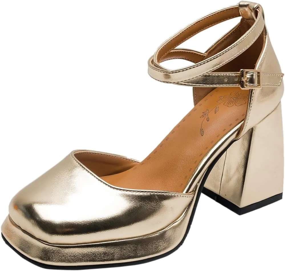 Chunky High Heels Closed Round Toe Ankle Strap D'Orsay Pumps