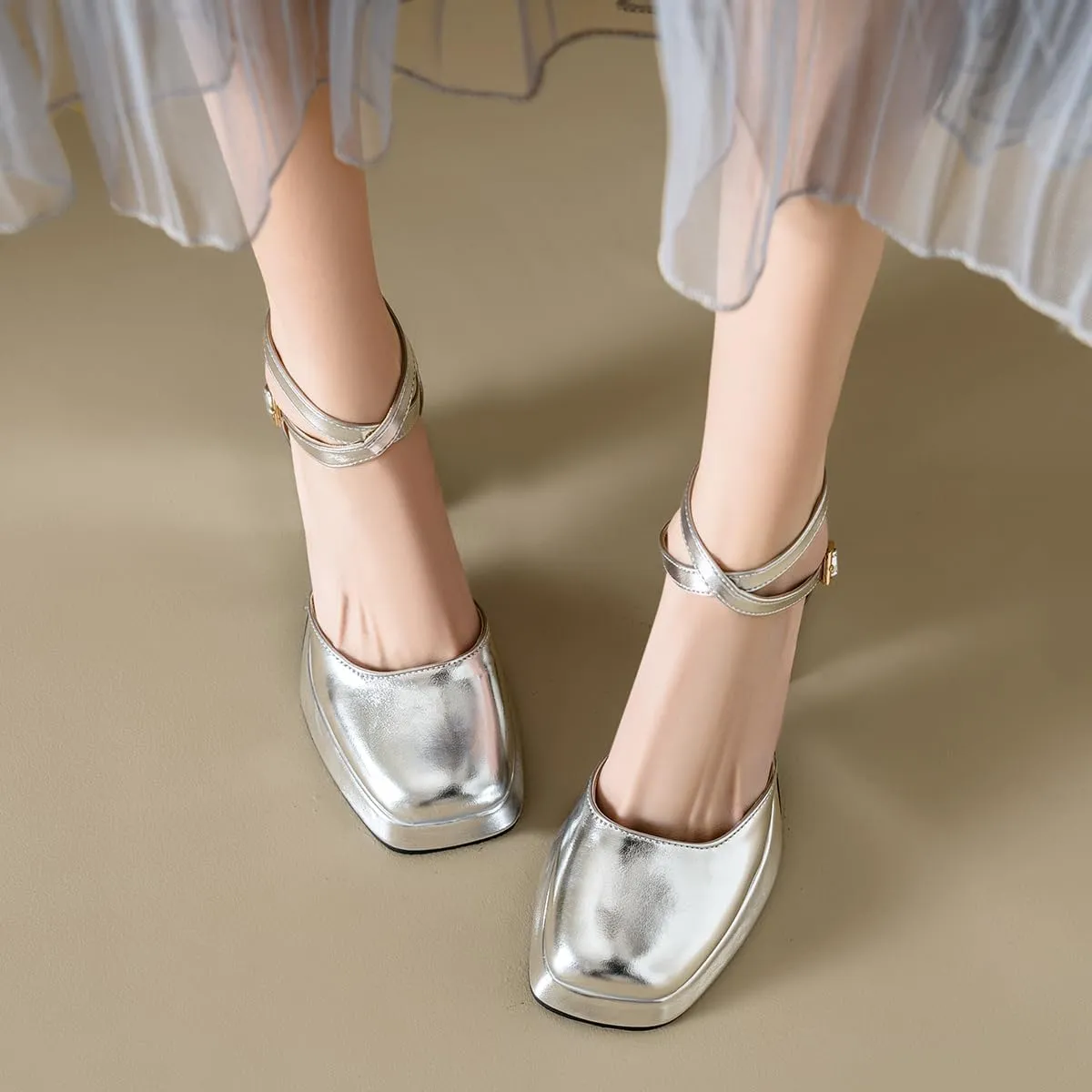 Chunky High Heels Closed Round Toe Ankle Strap D'Orsay Pumps