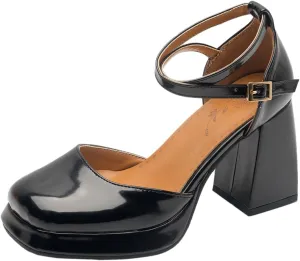 Chunky High Heels Closed Round Toe Ankle Strap D'Orsay Pumps
