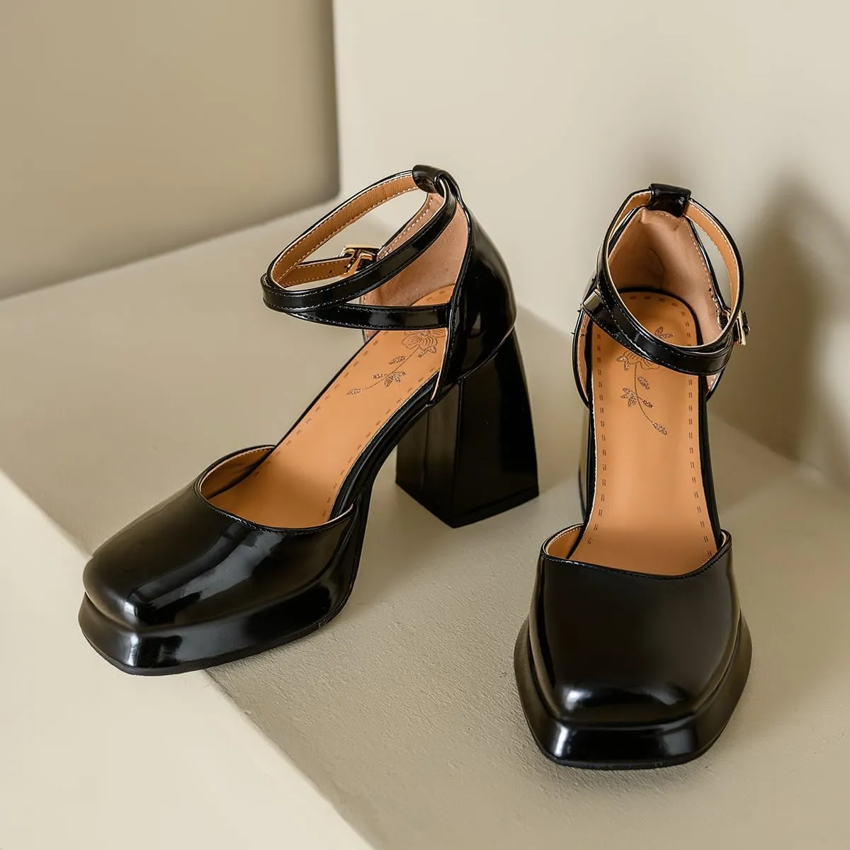 Chunky High Heels Closed Round Toe Ankle Strap D'Orsay Pumps