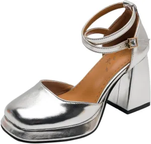 Chunky High Heels Closed Round Toe Ankle Strap D'Orsay Pumps
