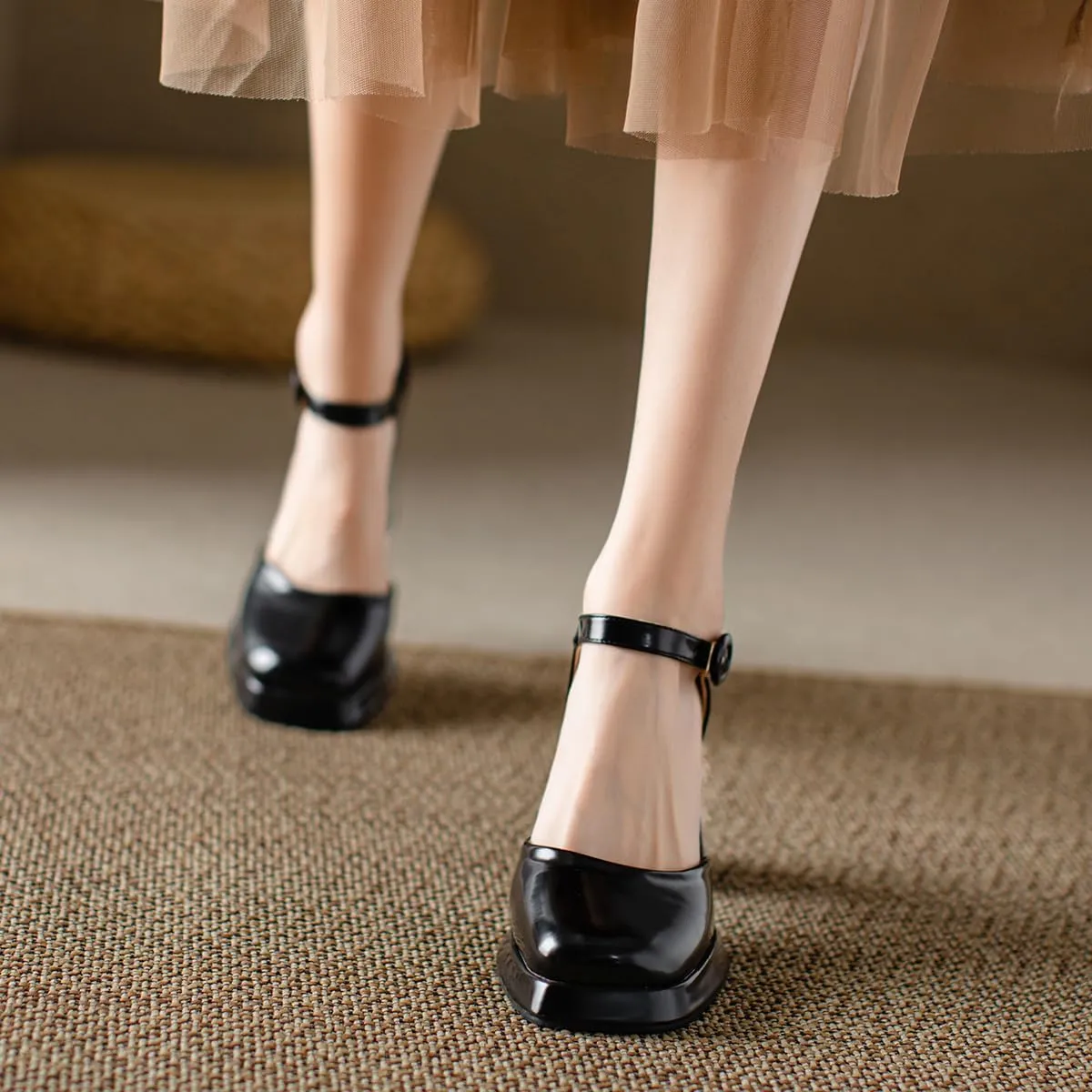 Chunky High Heels Closed Round Toe Ankle Strap D'Orsay Pumps