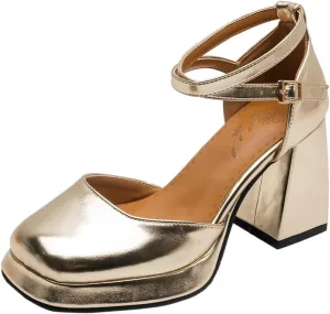 Chunky High Heels Closed Round Toe Ankle Strap D'Orsay Pumps