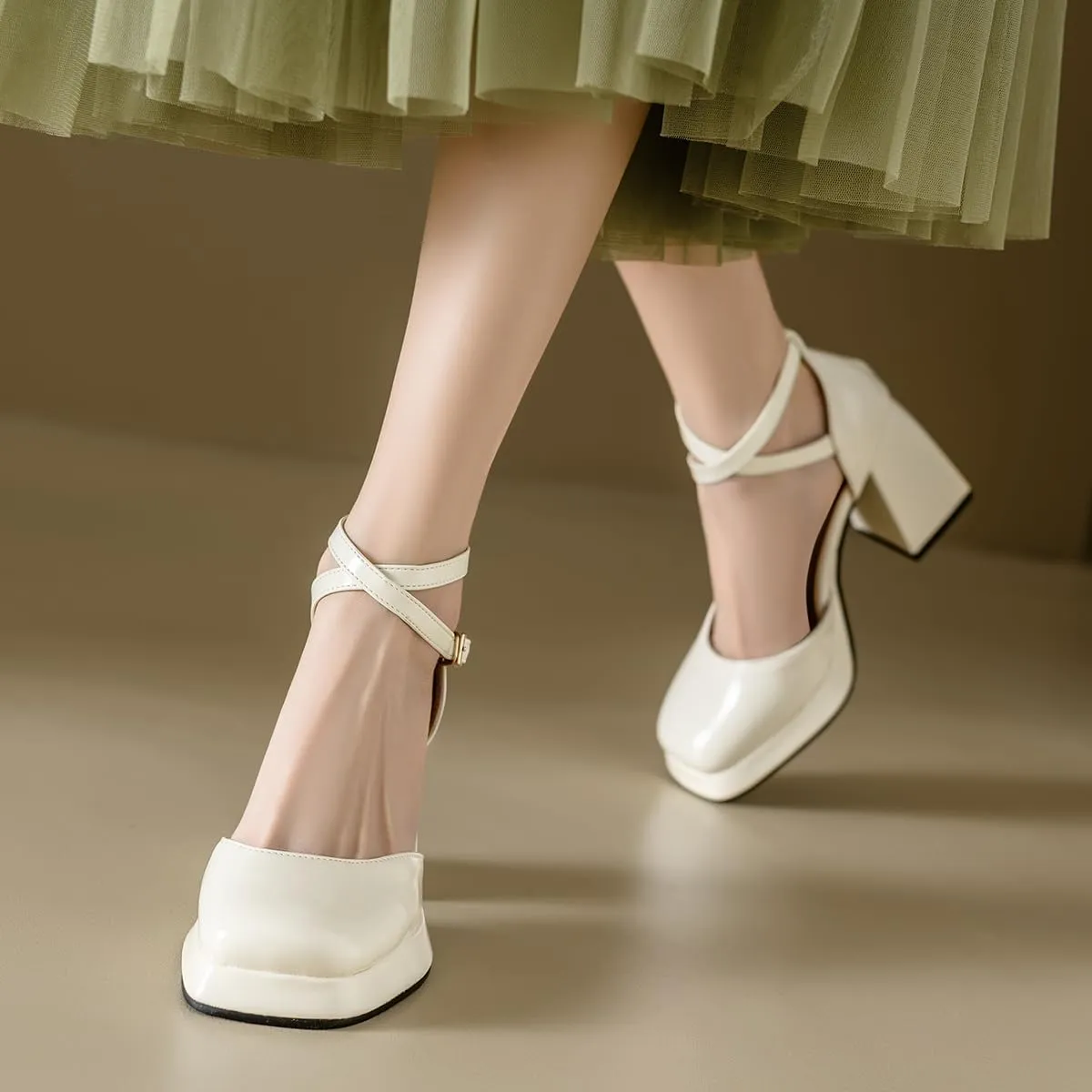 Chunky High Heels Closed Round Toe Ankle Strap D'Orsay Pumps