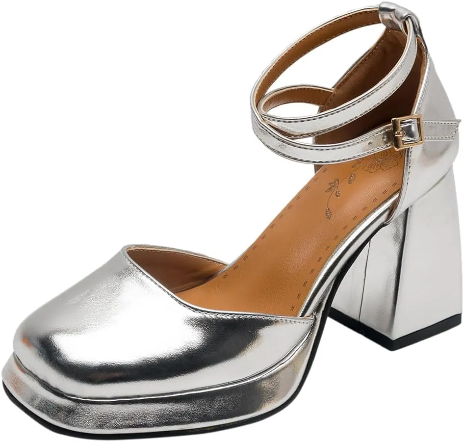 Chunky High Heels Closed Round Toe Ankle Strap D'Orsay Pumps