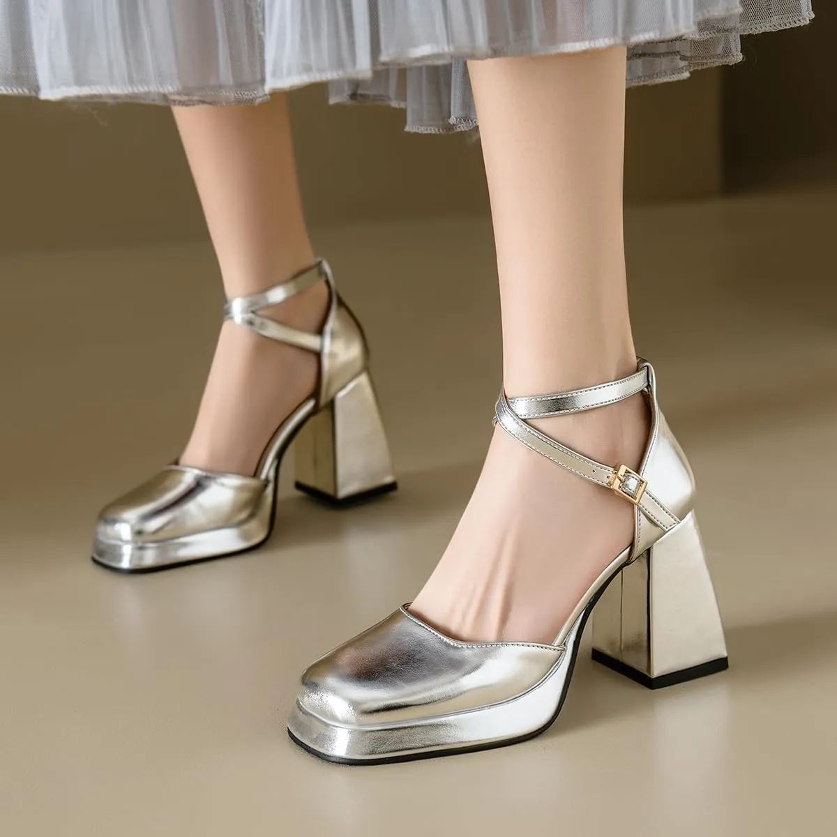 Chunky High Heels Closed Round Toe Ankle Strap D'Orsay Pumps