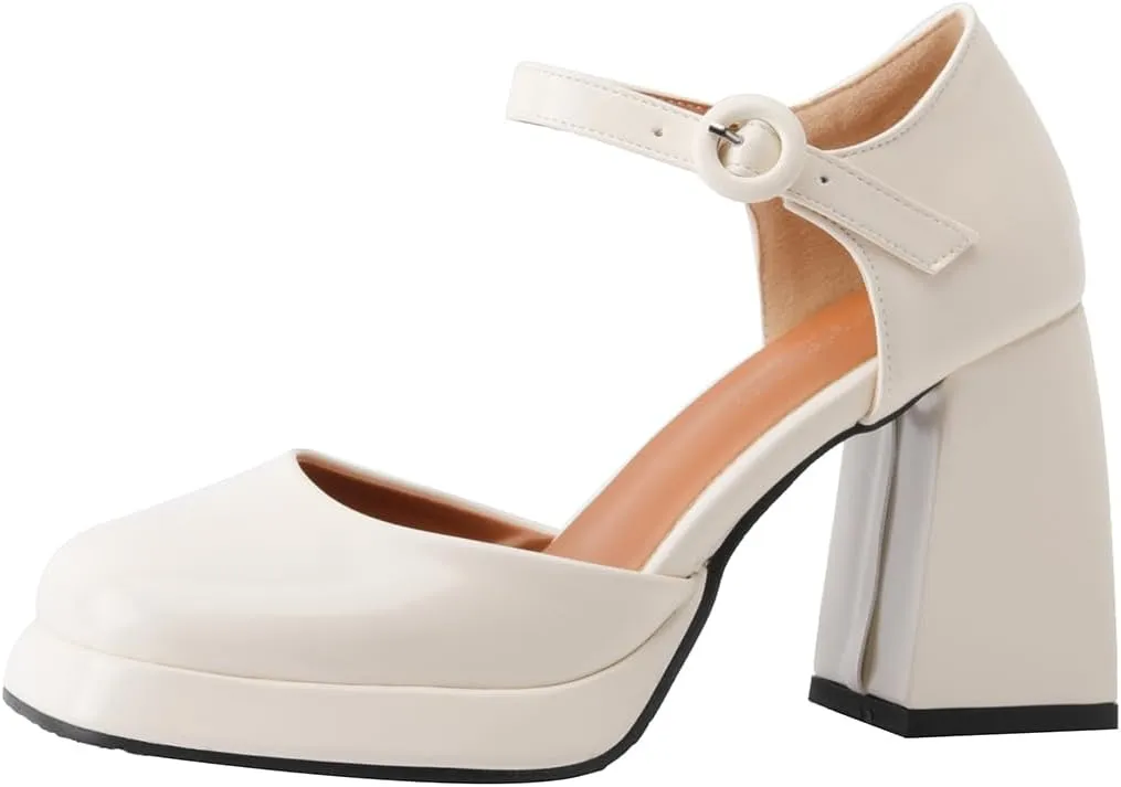 Chunky High Heels Closed Round Toe Ankle Strap D'Orsay Pumps