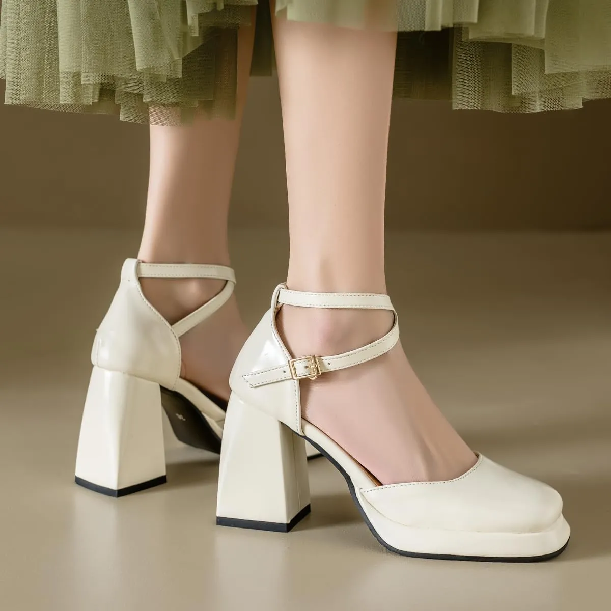 Chunky High Heels Closed Round Toe Ankle Strap D'Orsay Pumps