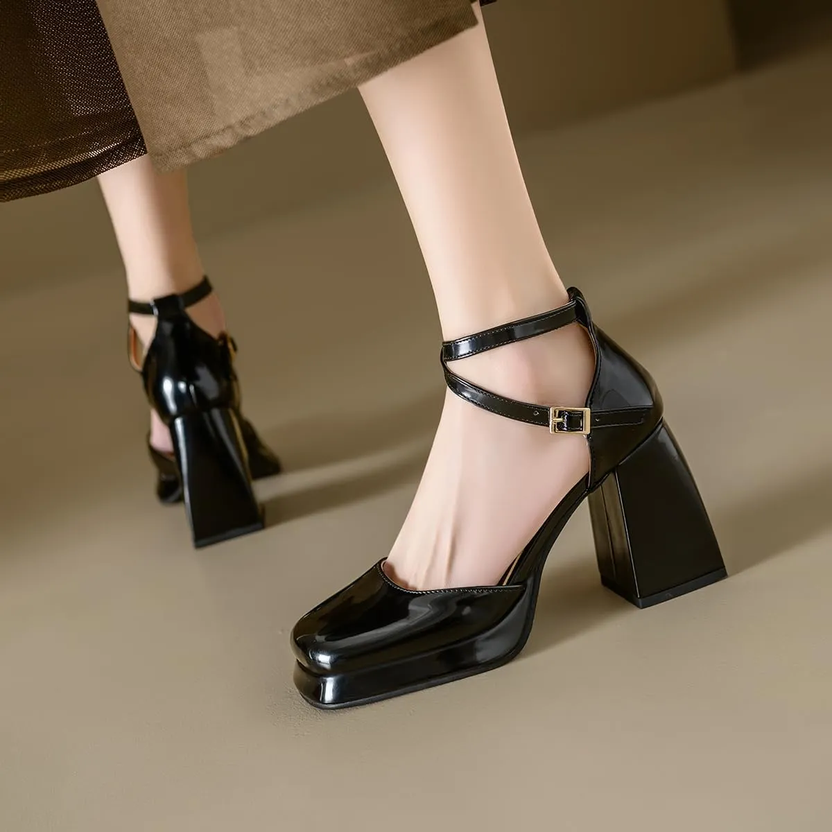 Chunky High Heels Closed Round Toe Ankle Strap D'Orsay Pumps