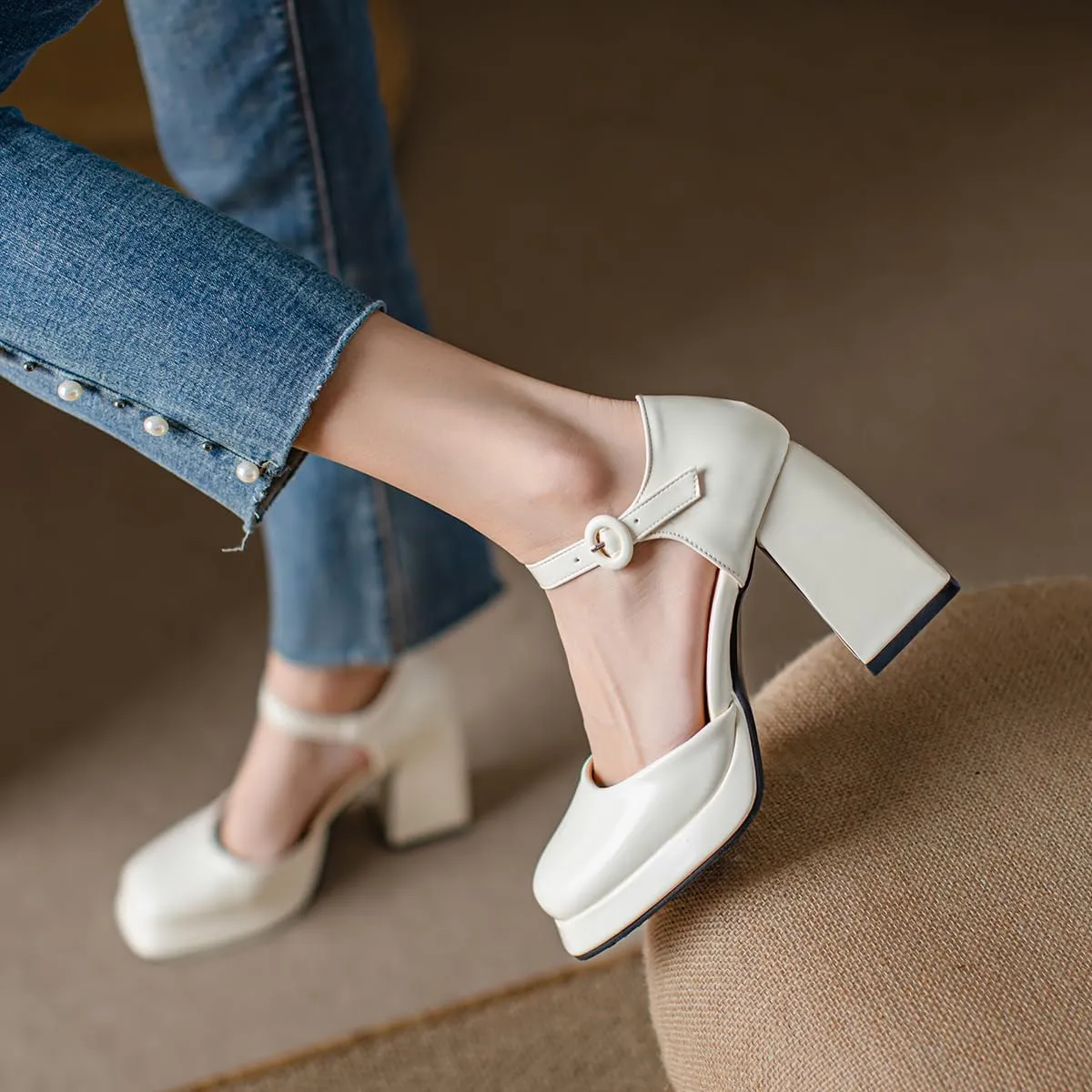 Chunky High Heels Closed Round Toe Ankle Strap D'Orsay Pumps