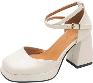 Chunky High Heels Closed Round Toe Ankle Strap D'Orsay Pumps
