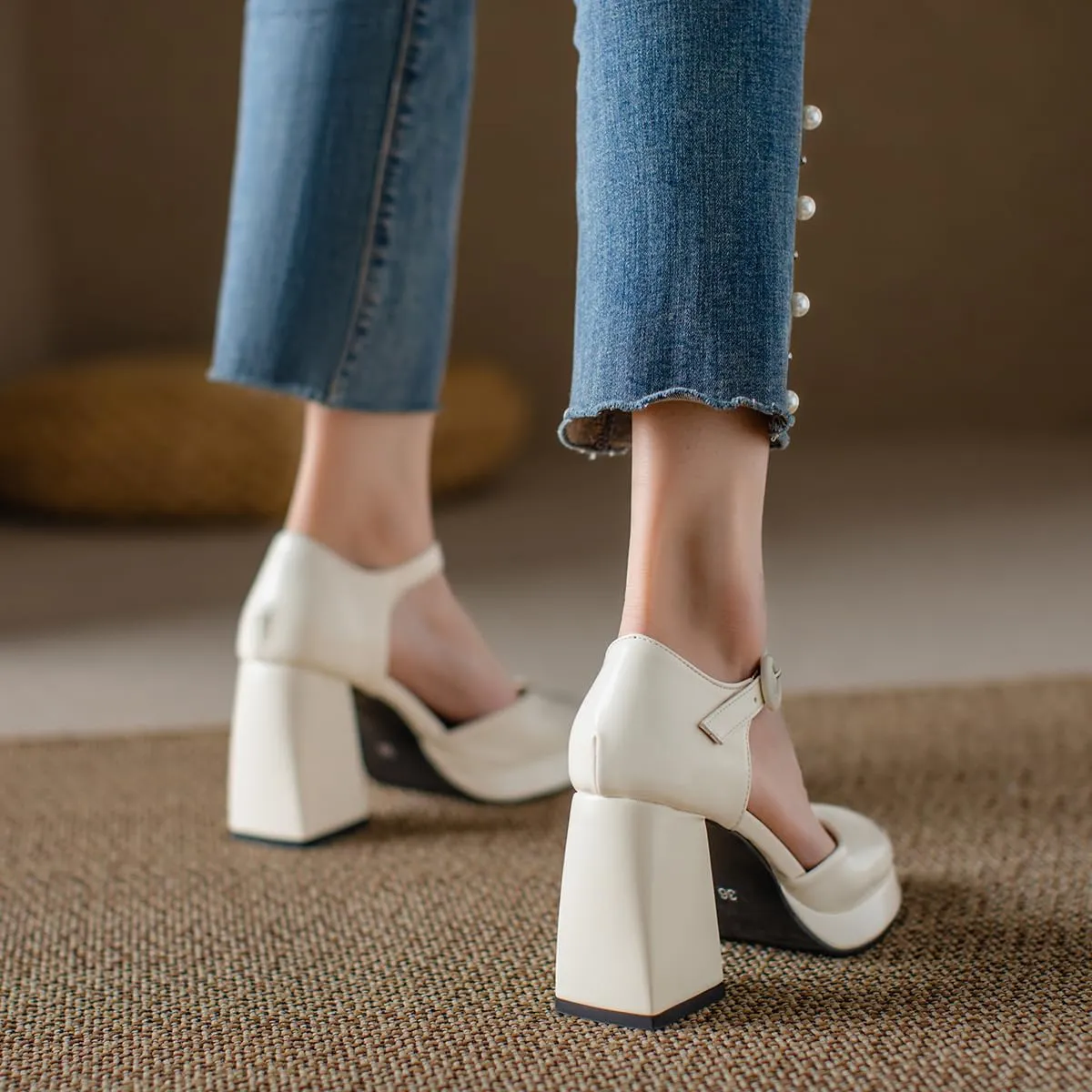 Chunky High Heels Closed Round Toe Ankle Strap D'Orsay Pumps