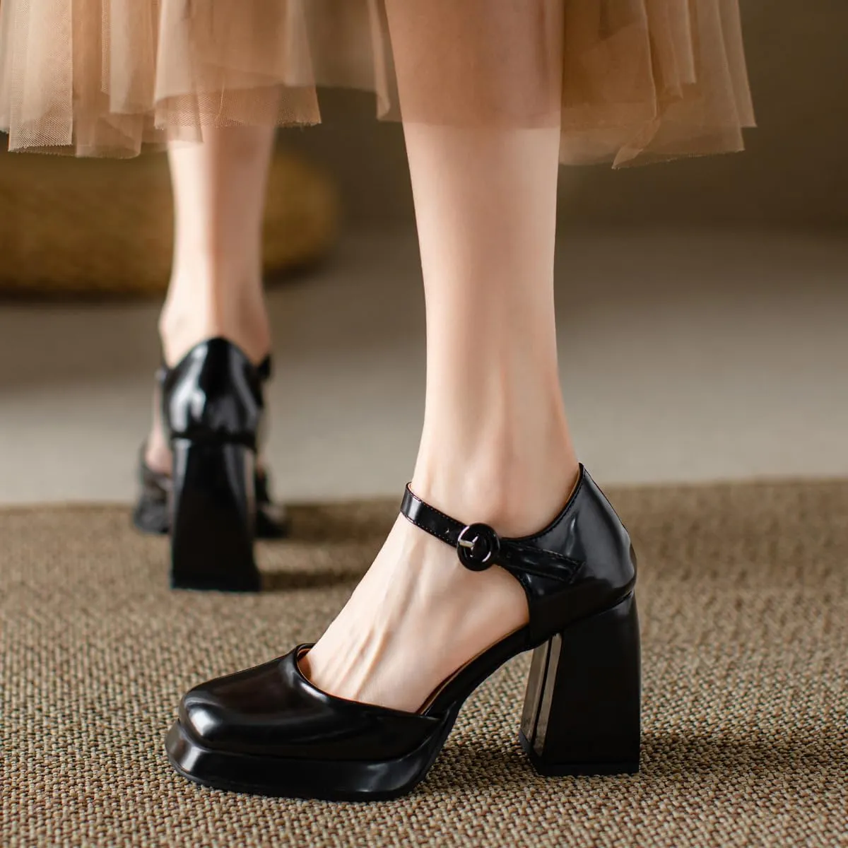 Chunky High Heels Closed Round Toe Ankle Strap D'Orsay Pumps