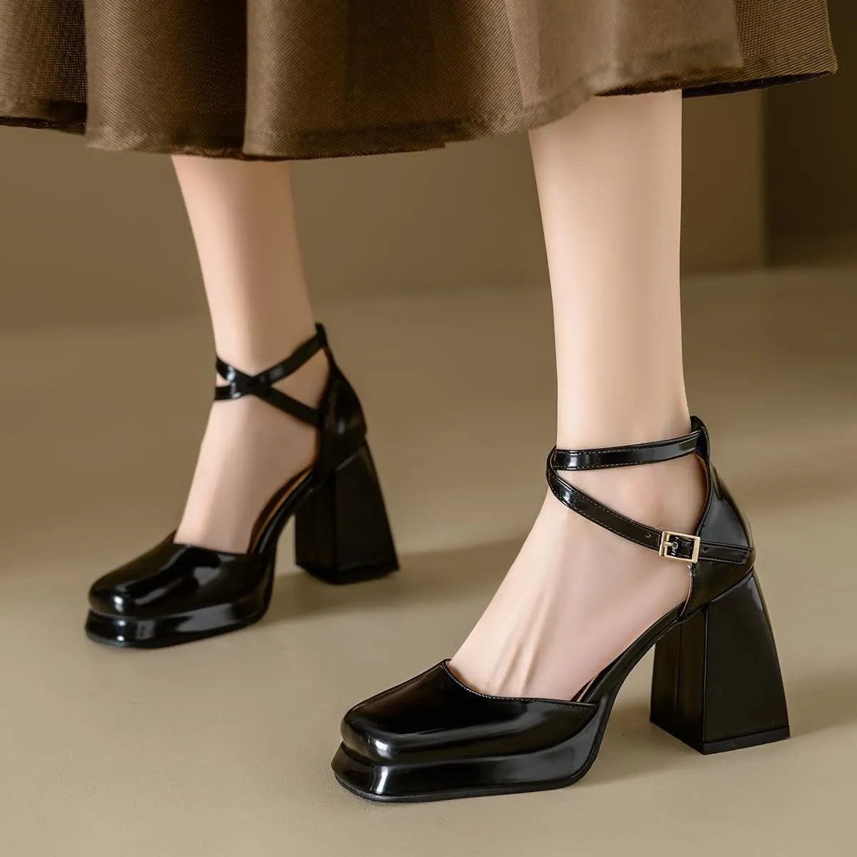 Chunky High Heels Closed Round Toe Ankle Strap D'Orsay Pumps