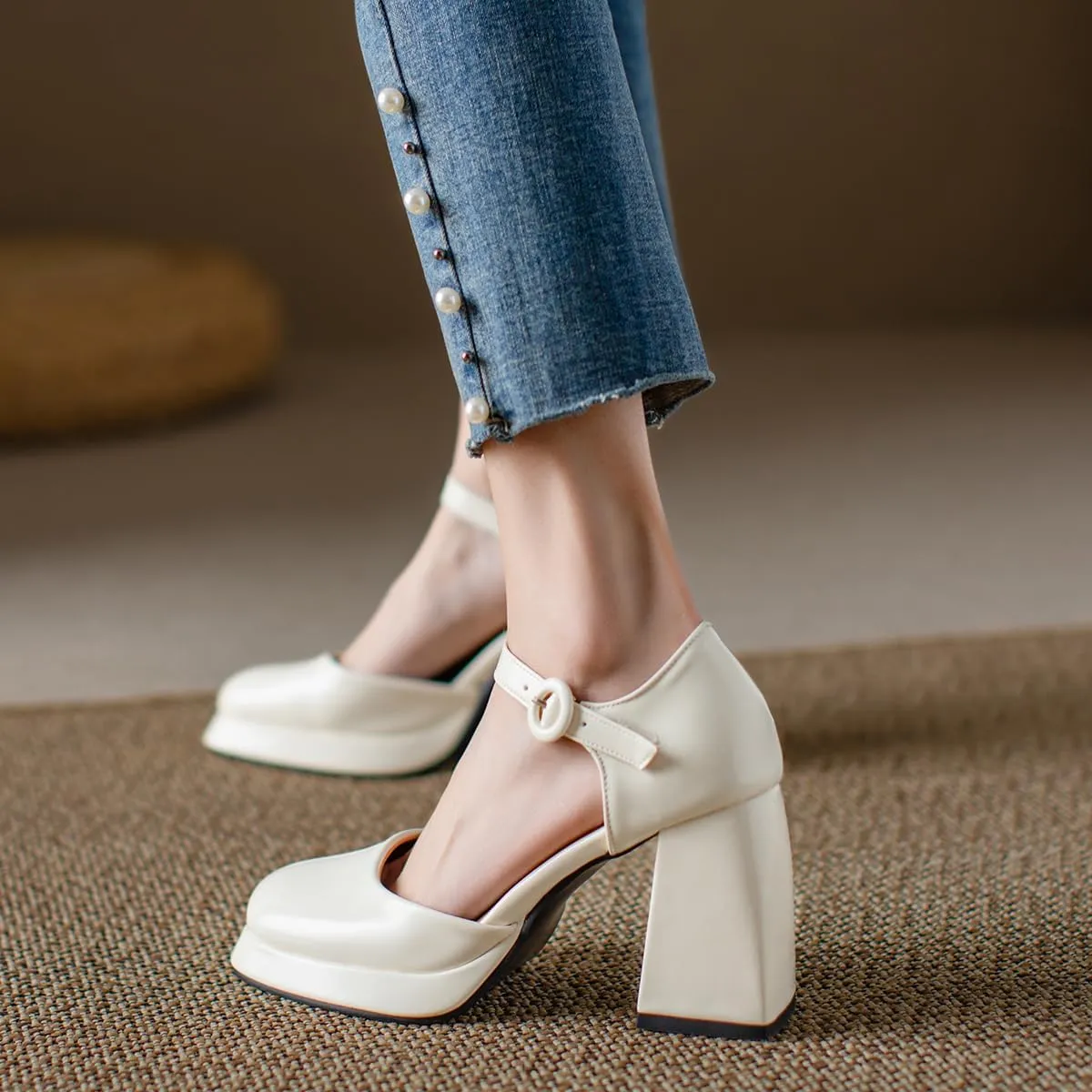 Chunky High Heels Closed Round Toe Ankle Strap D'Orsay Pumps