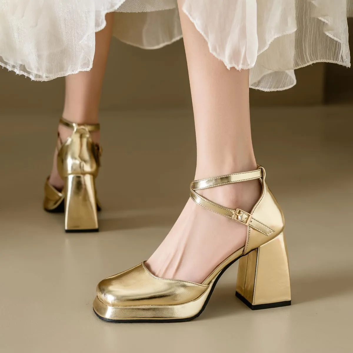 Chunky High Heels Closed Round Toe Ankle Strap D'Orsay Pumps