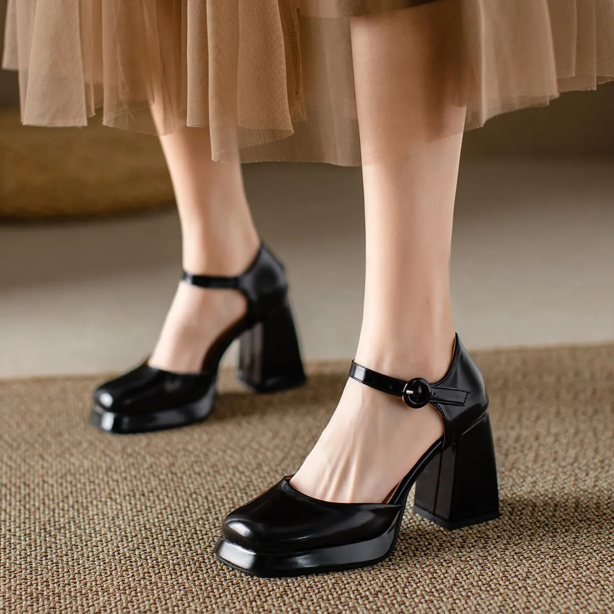 Chunky High Heels Closed Round Toe Ankle Strap D'Orsay Pumps