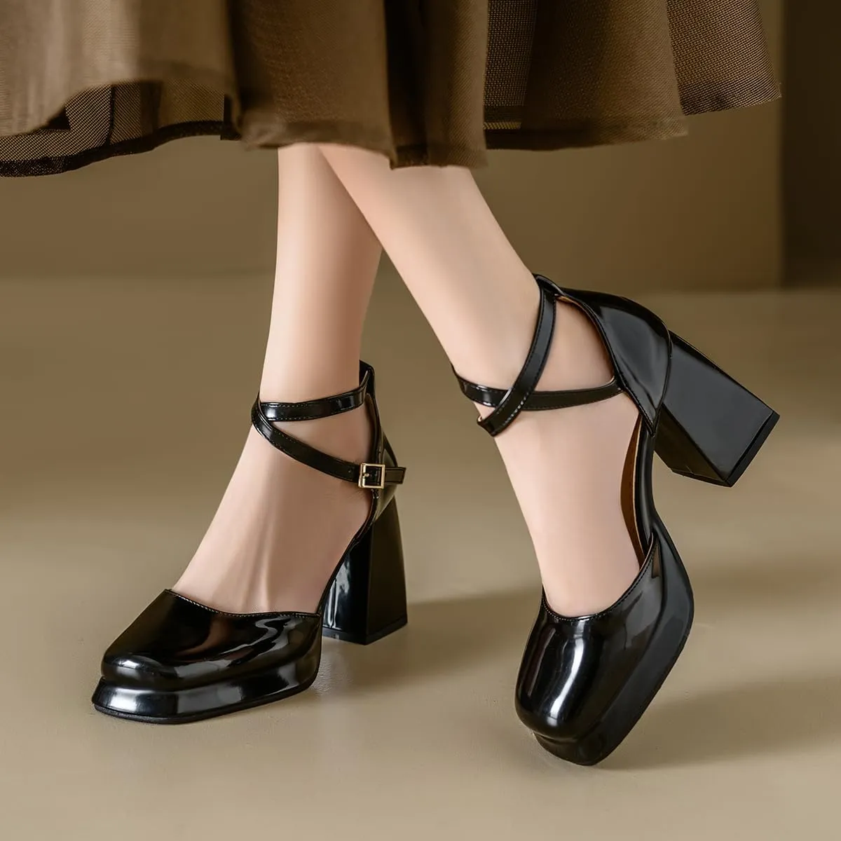 Chunky High Heels Closed Round Toe Ankle Strap D'Orsay Pumps
