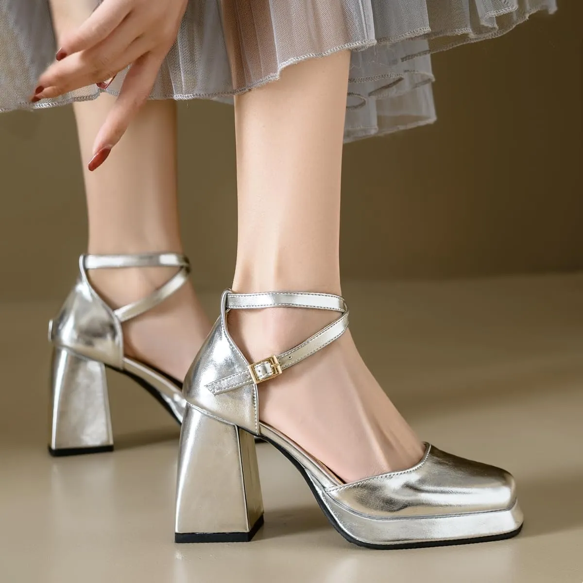 Chunky High Heels Closed Round Toe Ankle Strap D'Orsay Pumps
