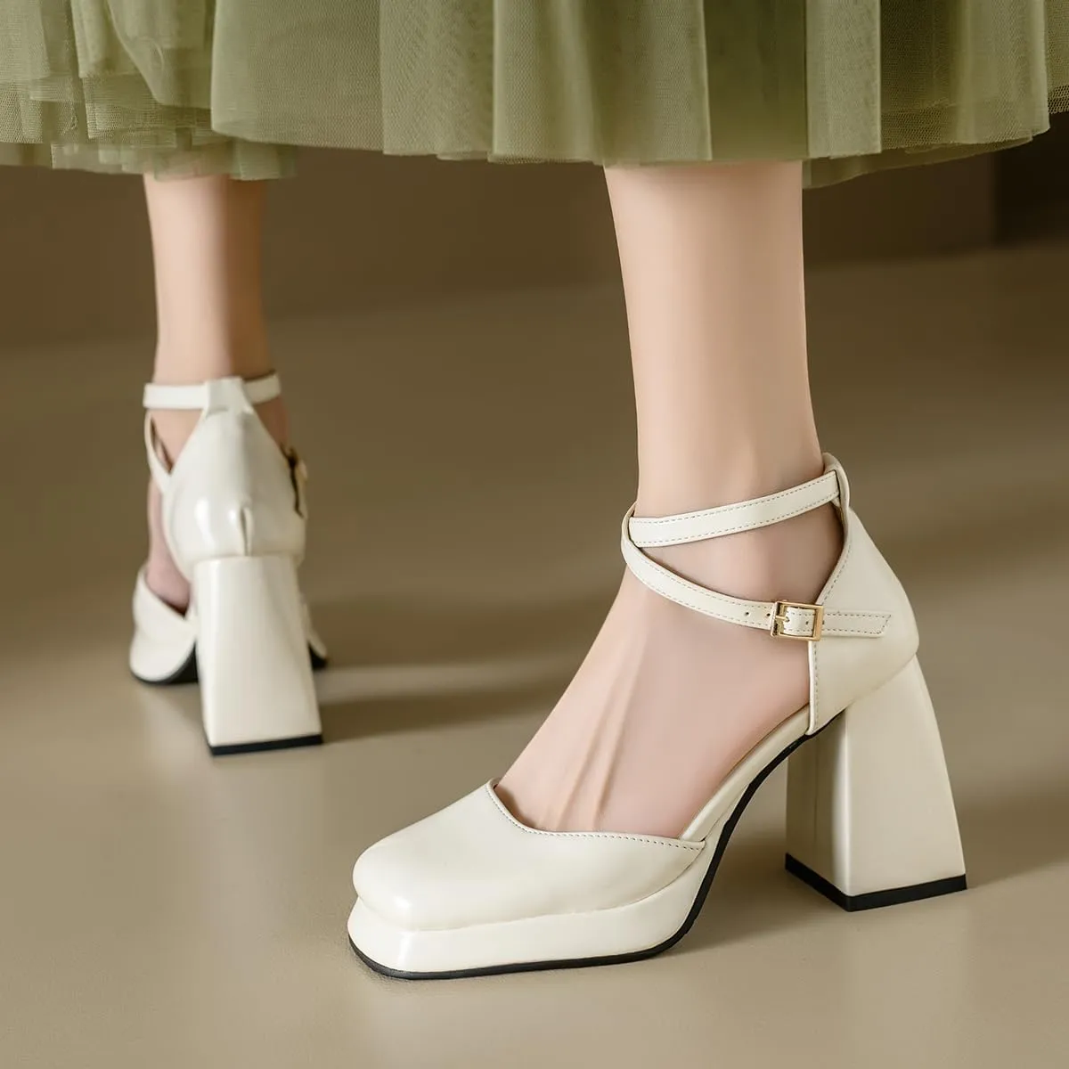 Chunky High Heels Closed Round Toe Ankle Strap D'Orsay Pumps