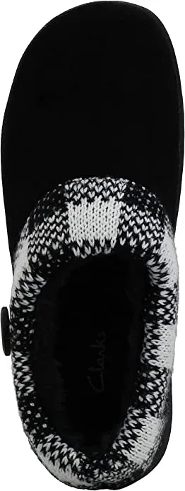 Clarks Black/White Suede Leather Knitted Collar Plush Faux Fur Lining Slippers