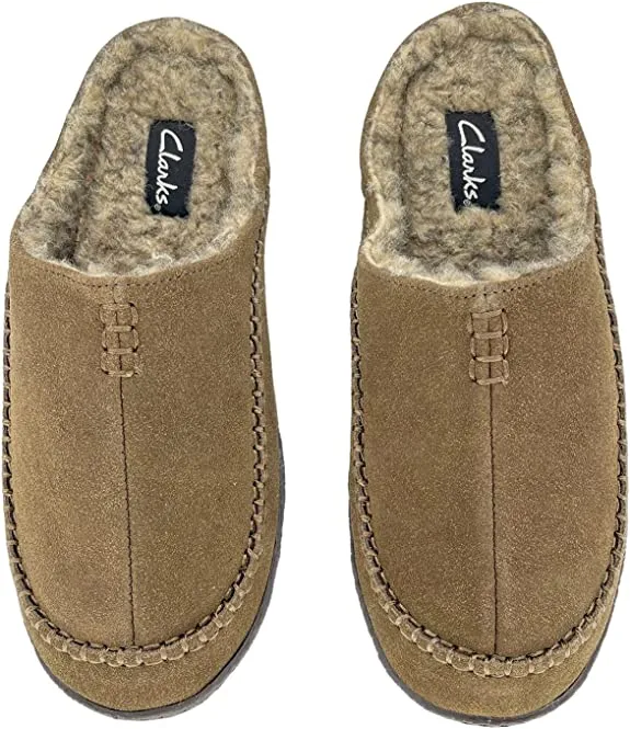 Clarks Sage Suede Baseball Stitch Rounded Toe Sherpa Lining Slippers