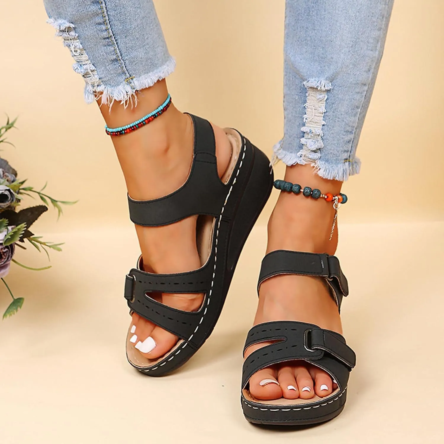 Comfortable Sandals for Women Adjustable Platform Wedge Sandals Arch Support Open Toe Slides Cushioned Design