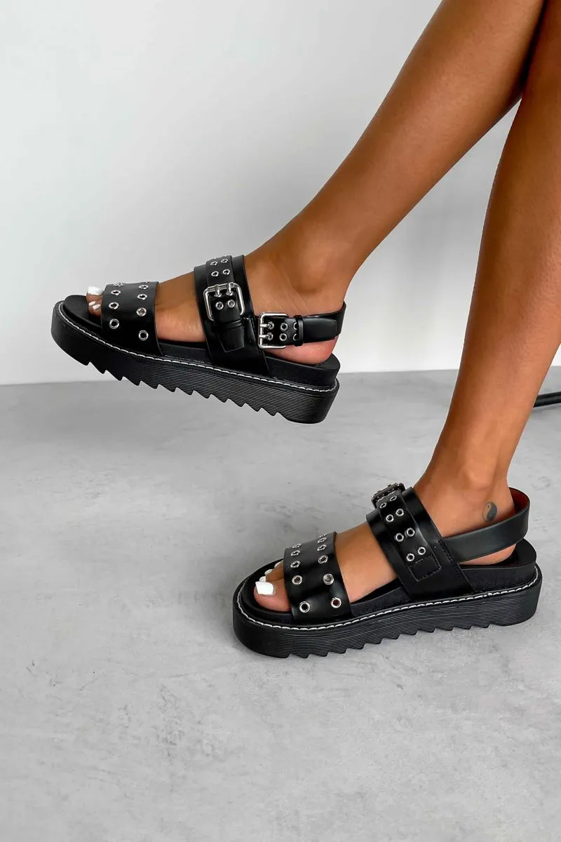 CONTROL Chunky Eyelet Gladiator Sandals - Black PU
