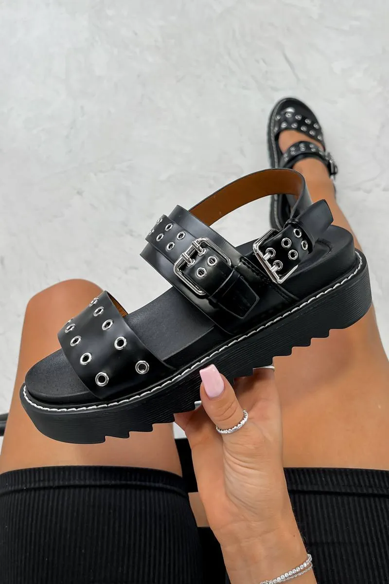 CONTROL Chunky Eyelet Gladiator Sandals - Black PU