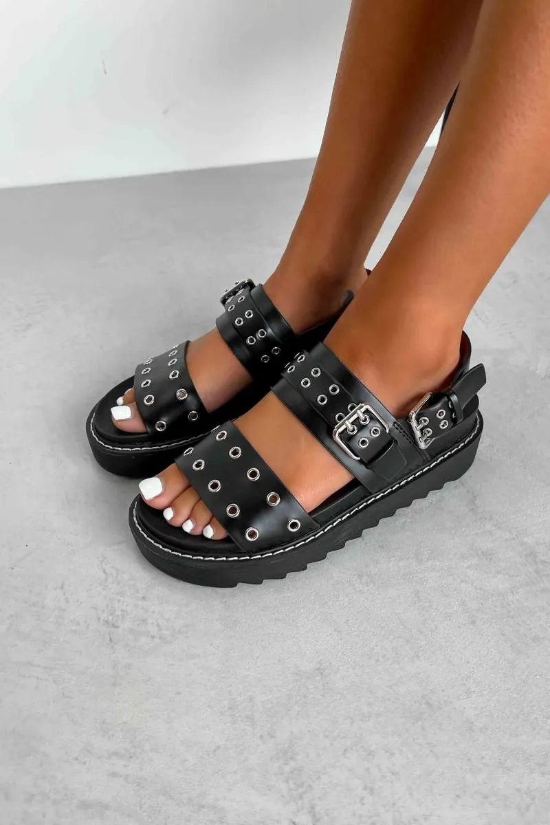 CONTROL Chunky Eyelet Gladiator Sandals - Black PU