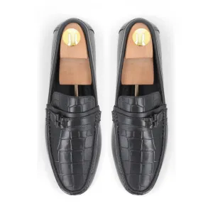 Croc-Embossed Moccasins - Black