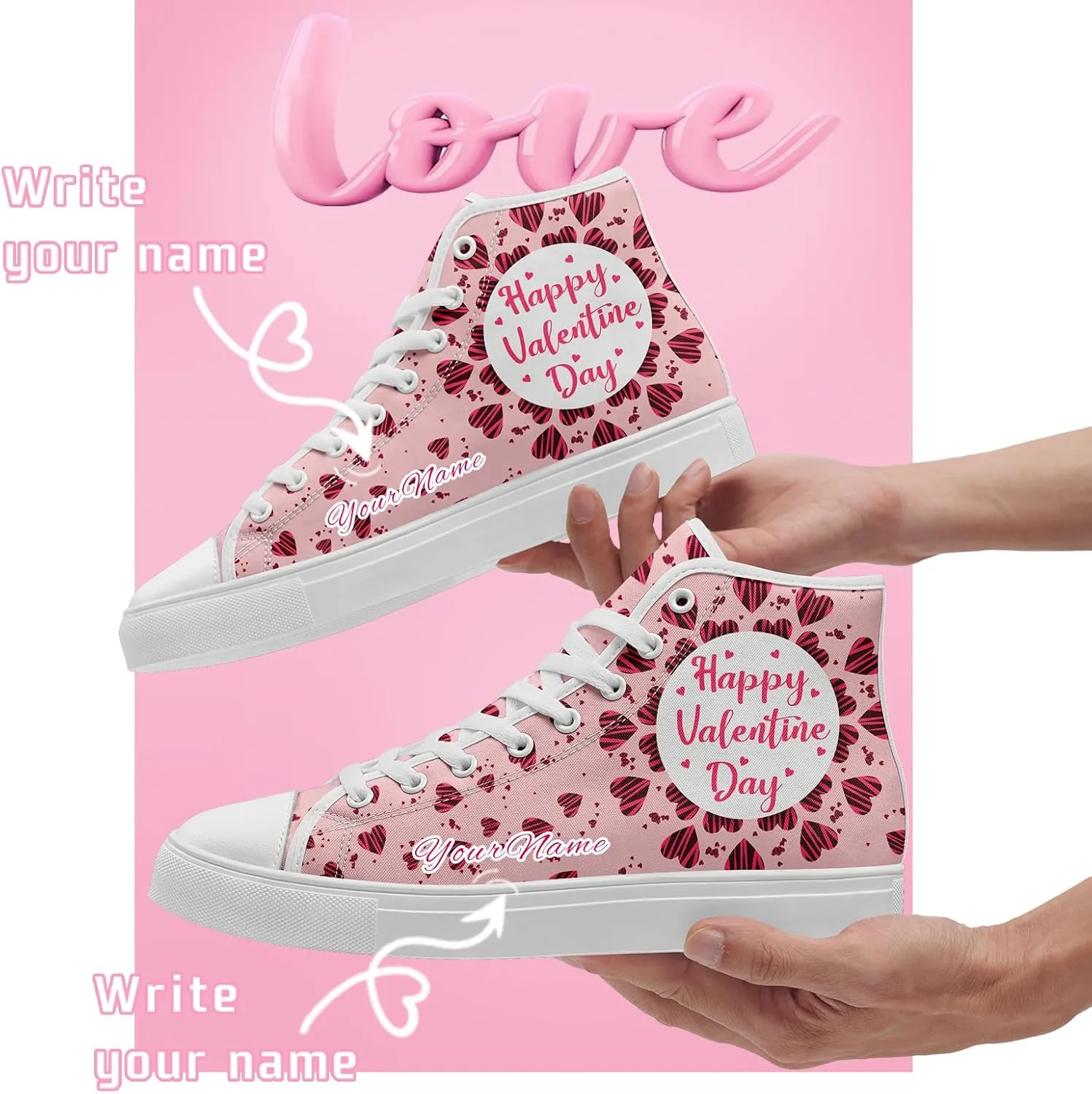 Custom Lover's Shoes for Her Him Romantic Love Design High-top Lace-up Canvas Shoes Comfort Casual Footwear Gift for Couples
