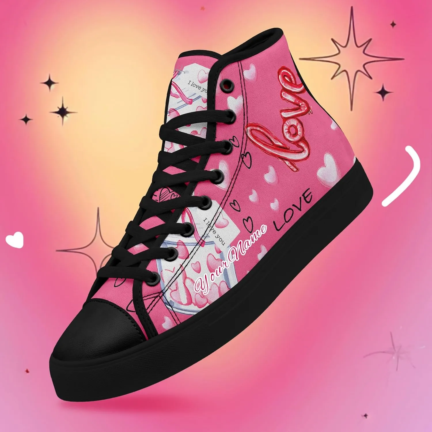 Custom Lover's Shoes for Her Him Romantic Love Design High-top Lace-up Canvas Shoes Comfort Casual Footwear Gift for Couples