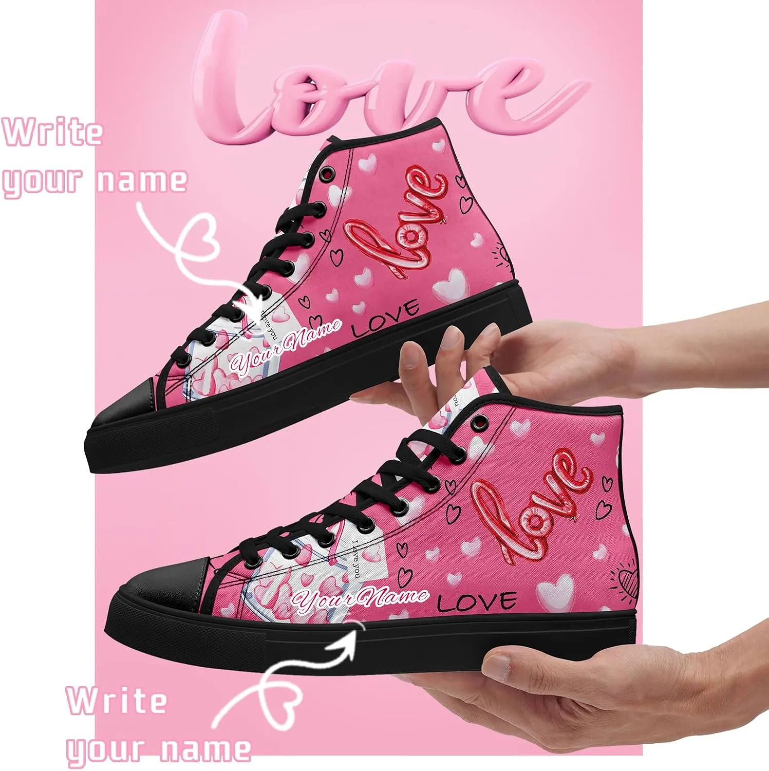 Custom Lover's Shoes for Her Him Romantic Love Design High-top Lace-up Canvas Shoes Comfort Casual Footwear Gift for Couples