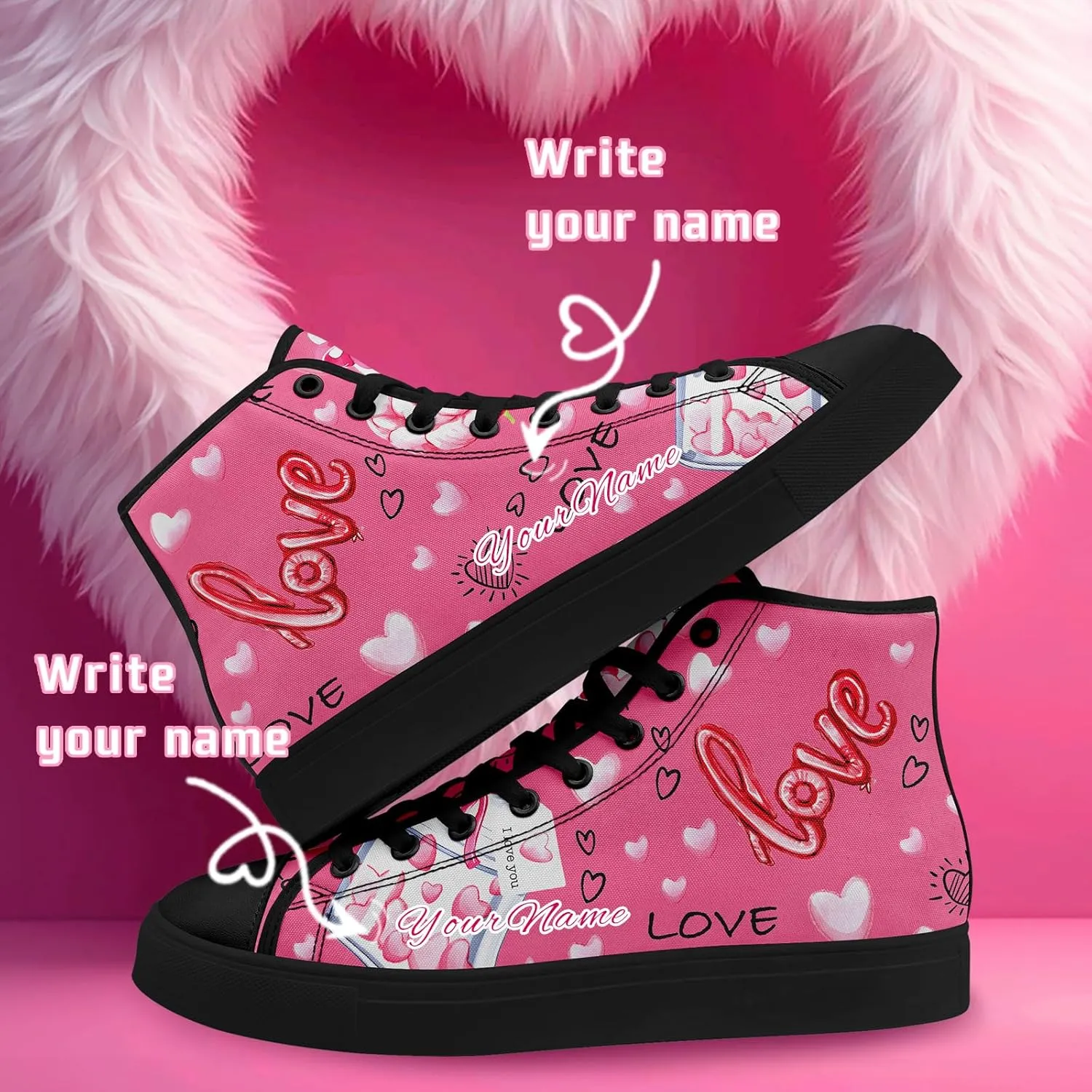 Custom Lover's Shoes for Her Him Romantic Love Design High-top Lace-up Canvas Shoes Comfort Casual Footwear Gift for Couples