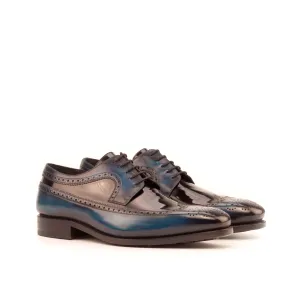 DapperFam Zephyr in Black / Denim Men's Italian Patent Leather & Hand-Painted Patina Longwing Blucher