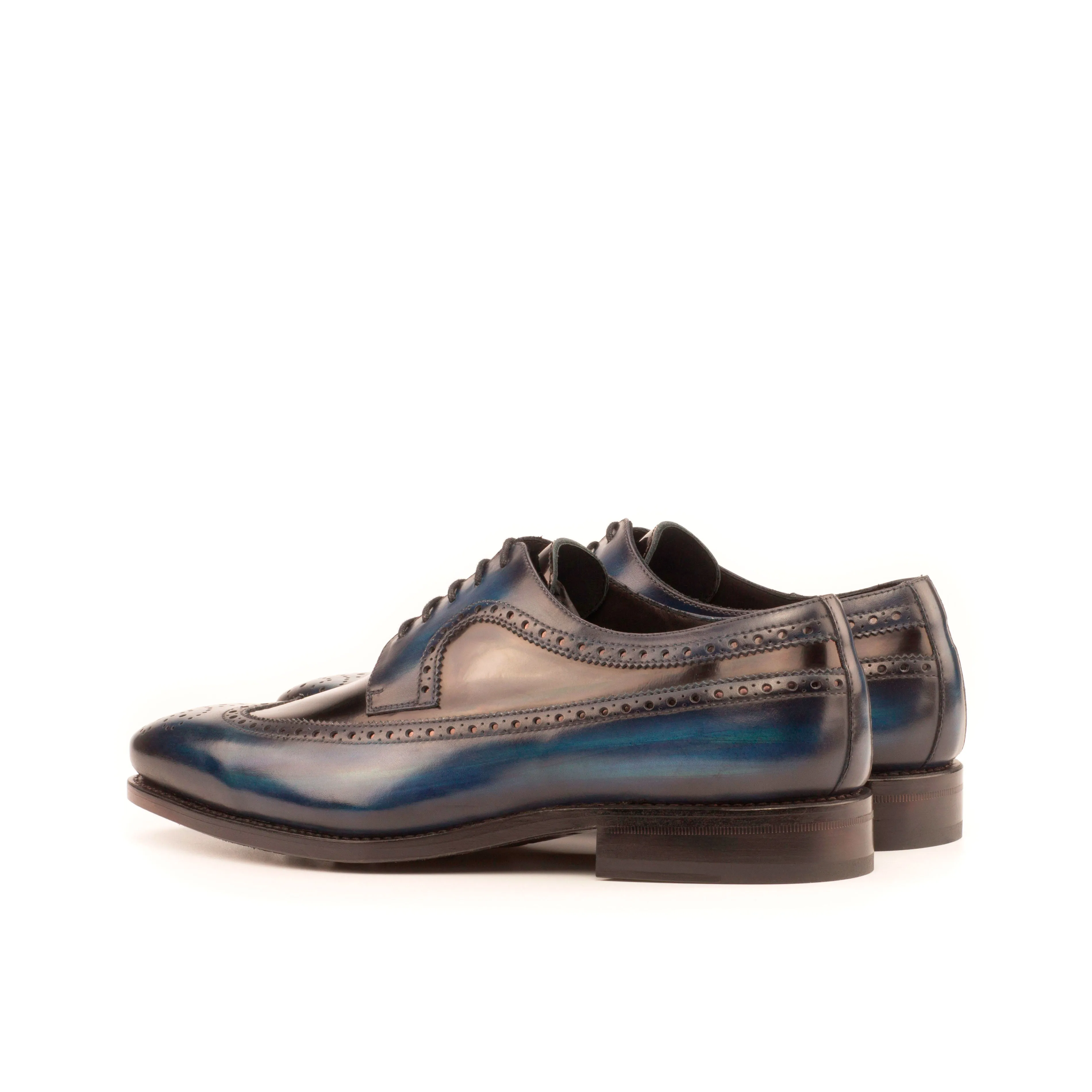 DapperFam Zephyr in Black / Denim Men's Italian Patent Leather & Hand-Painted Patina Longwing Blucher