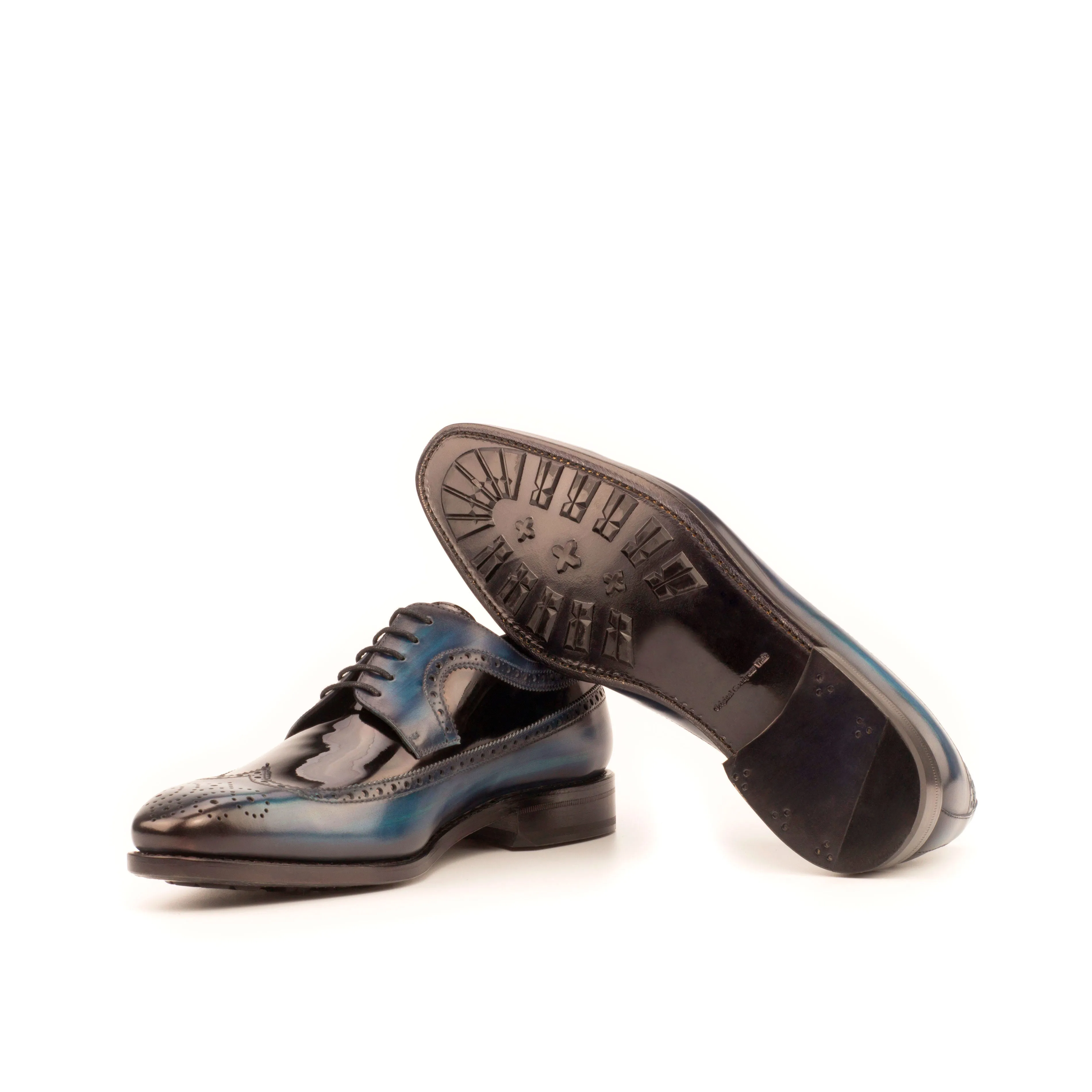 DapperFam Zephyr in Black / Denim Men's Italian Patent Leather & Hand-Painted Patina Longwing Blucher