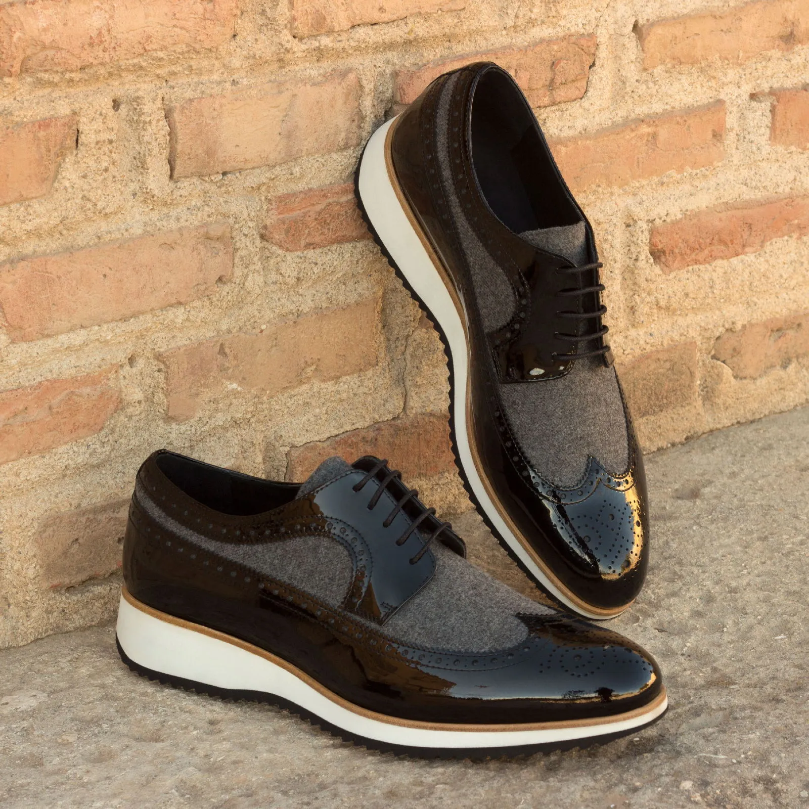 DapperFam Zephyr in Black / Light Grey Men's Flannel & Italian Patent Leather Longwing Blucher