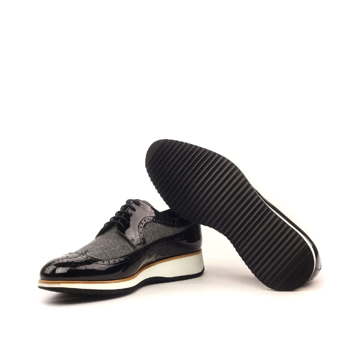 DapperFam Zephyr in Black / Light Grey Men's Flannel & Italian Patent Leather Longwing Blucher