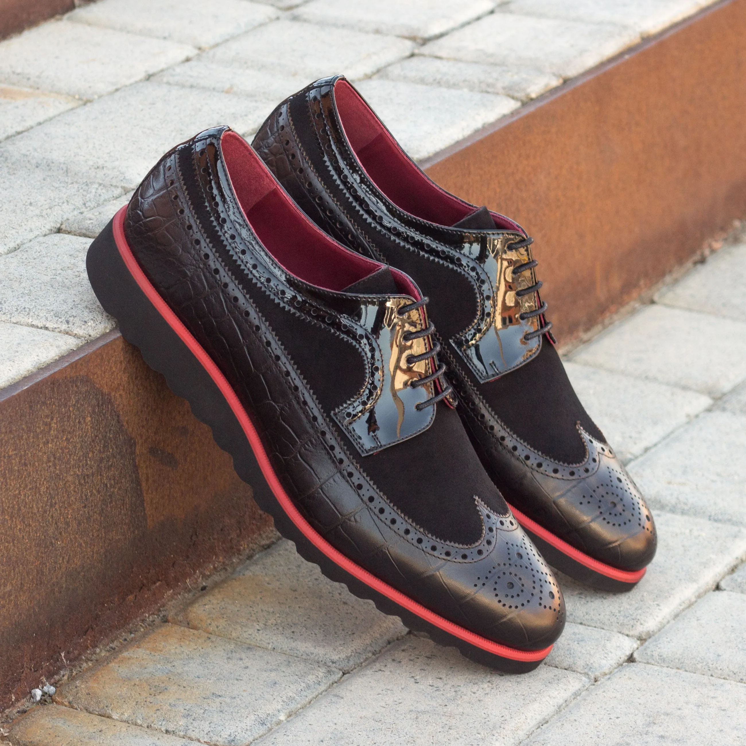 DapperFam Zephyr in Black Men's Italian Embossed Leather & Suede Longwing Blucher