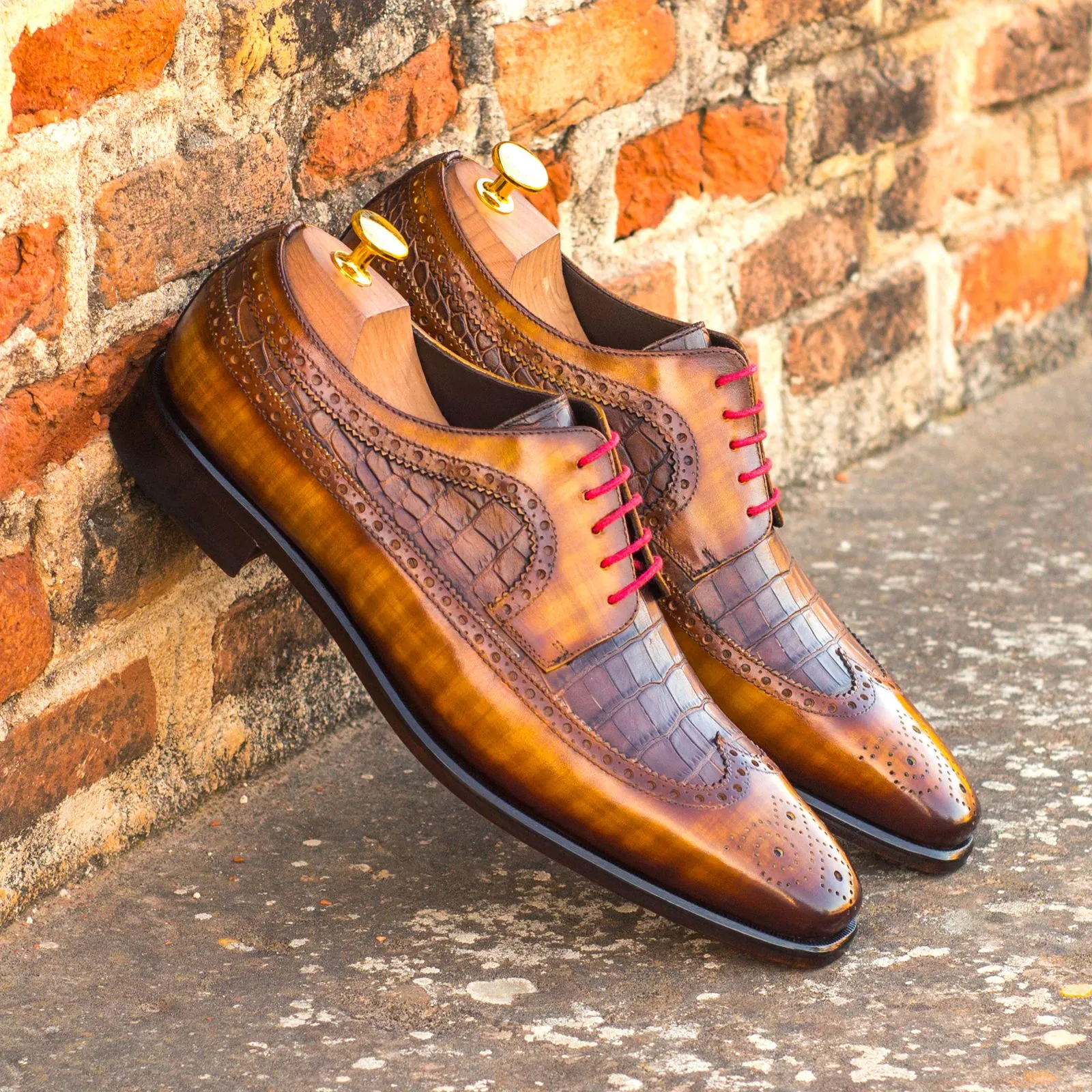 DapperFam Zephyr in Dark Brown / Cognac Men's Italian Embossed & Patina Leather Longwing Blucher