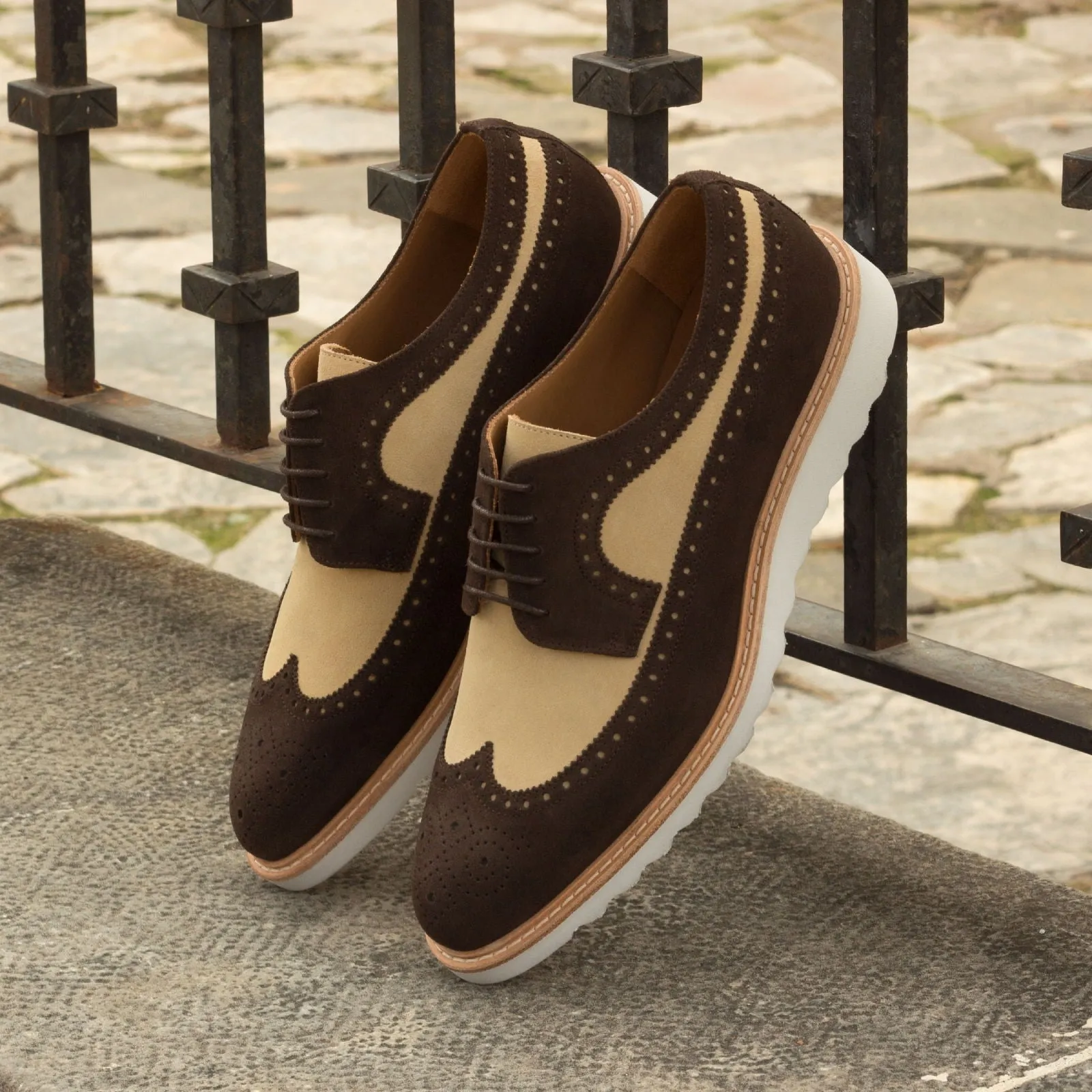 DapperFam Zephyr in Dark Brown / Sand Men's Lux Suede Longwing Blucher