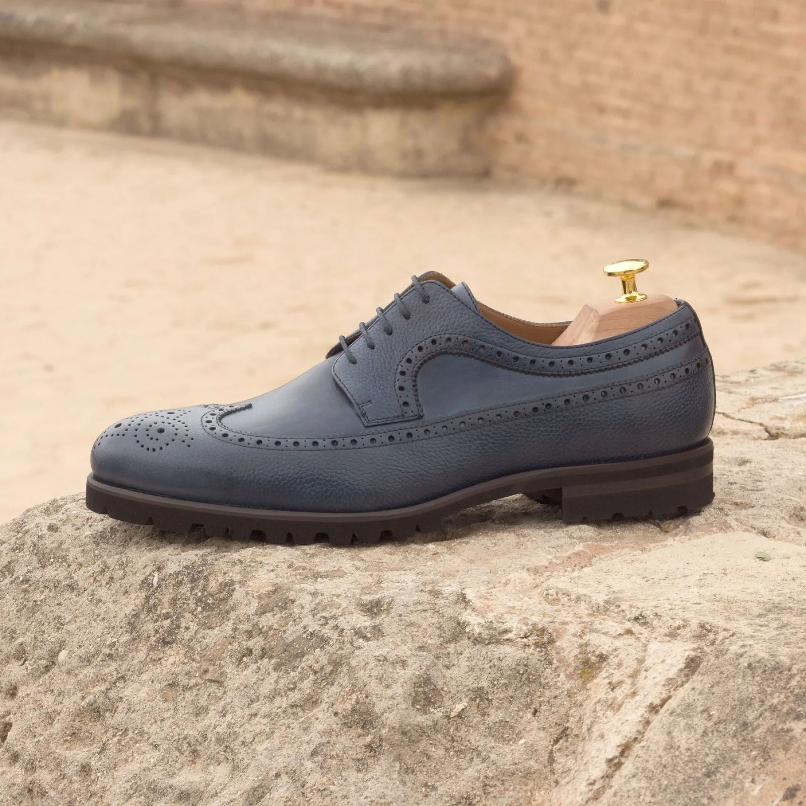DapperFam Zephyr in Navy Men's Italian Leather & Italian Full Grain Leather Longwing Blucher
