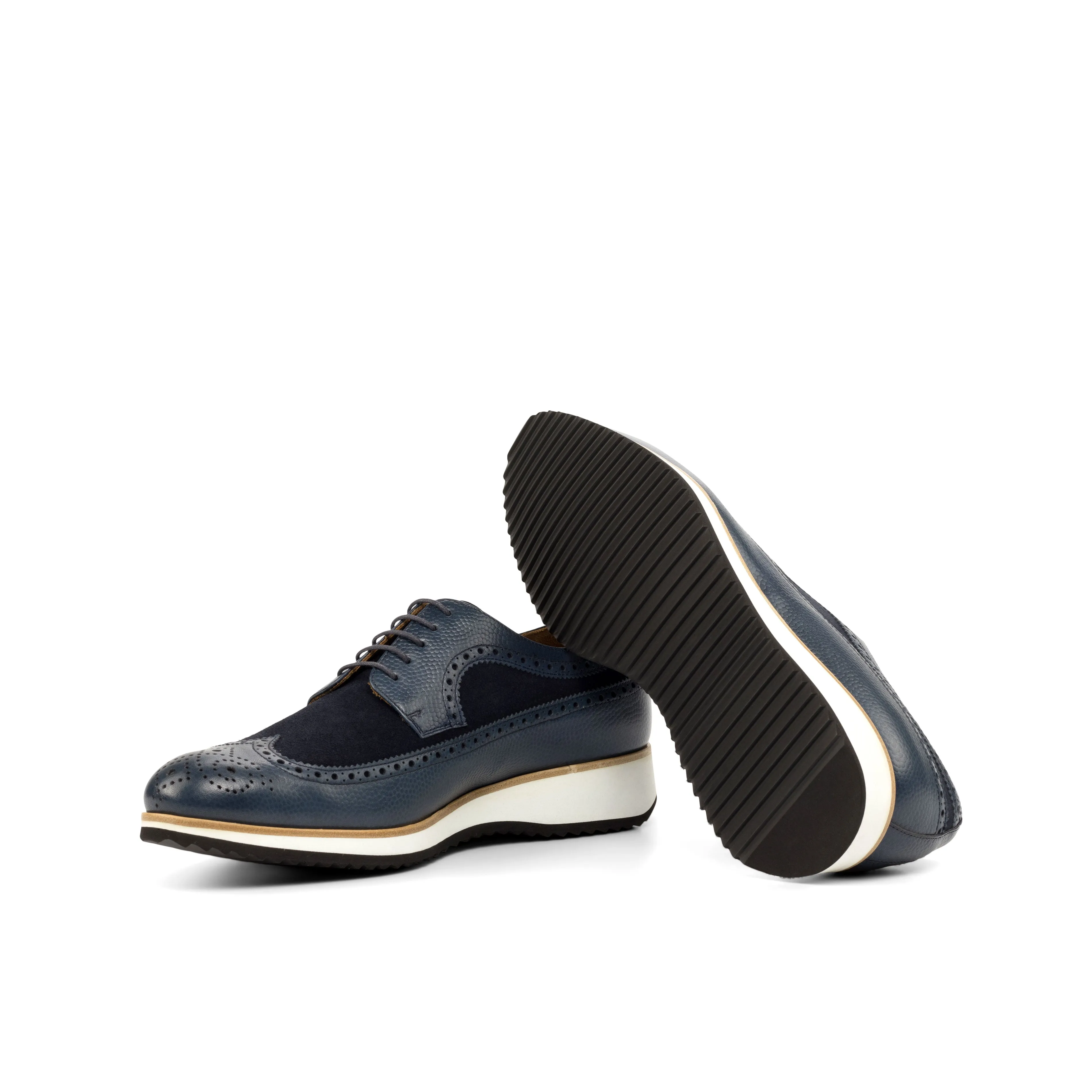 DapperFam Zephyr in Navy Men's Lux Suede & Italian Pebble Grain Leather Longwing Blucher