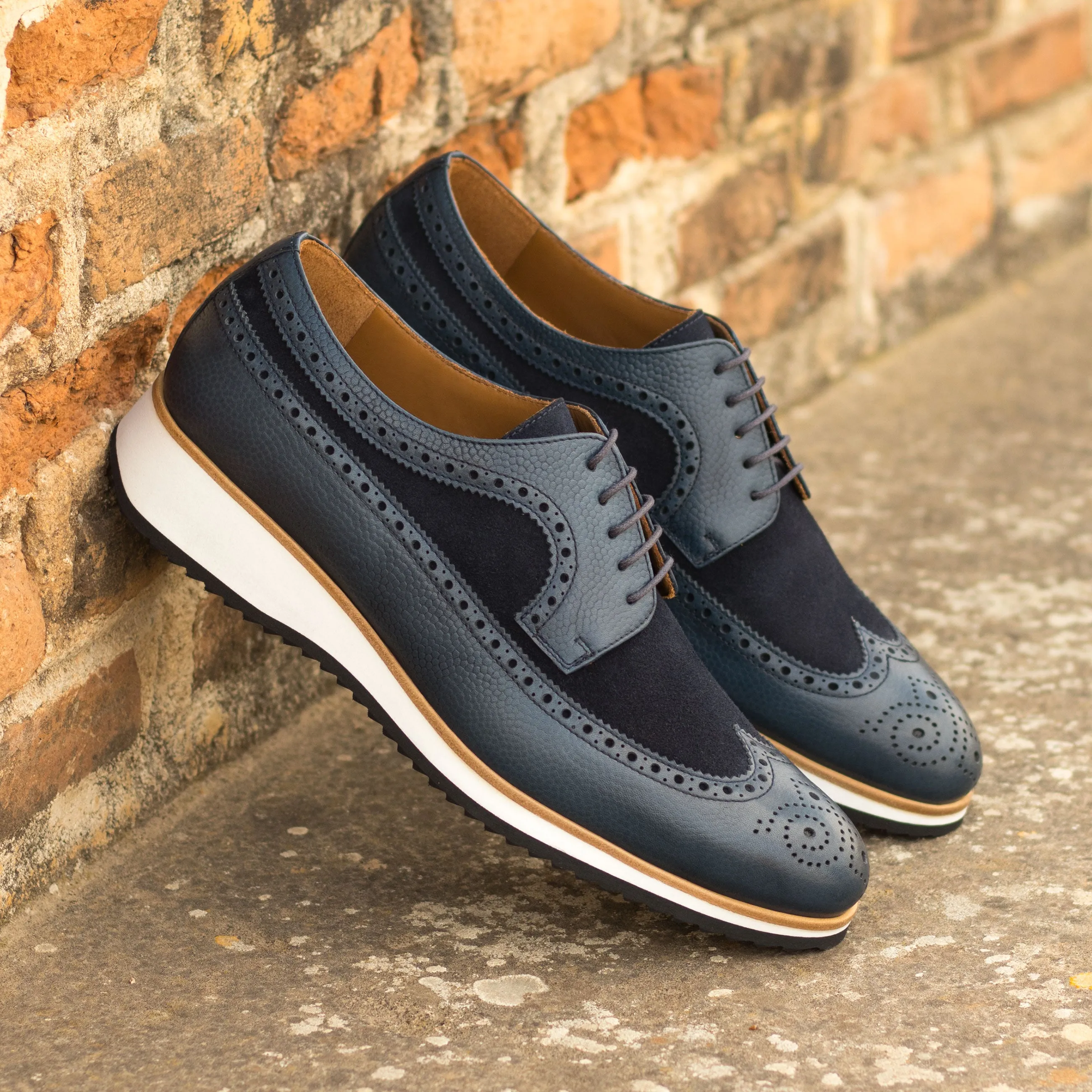 DapperFam Zephyr in Navy Men's Lux Suede & Italian Pebble Grain Leather Longwing Blucher